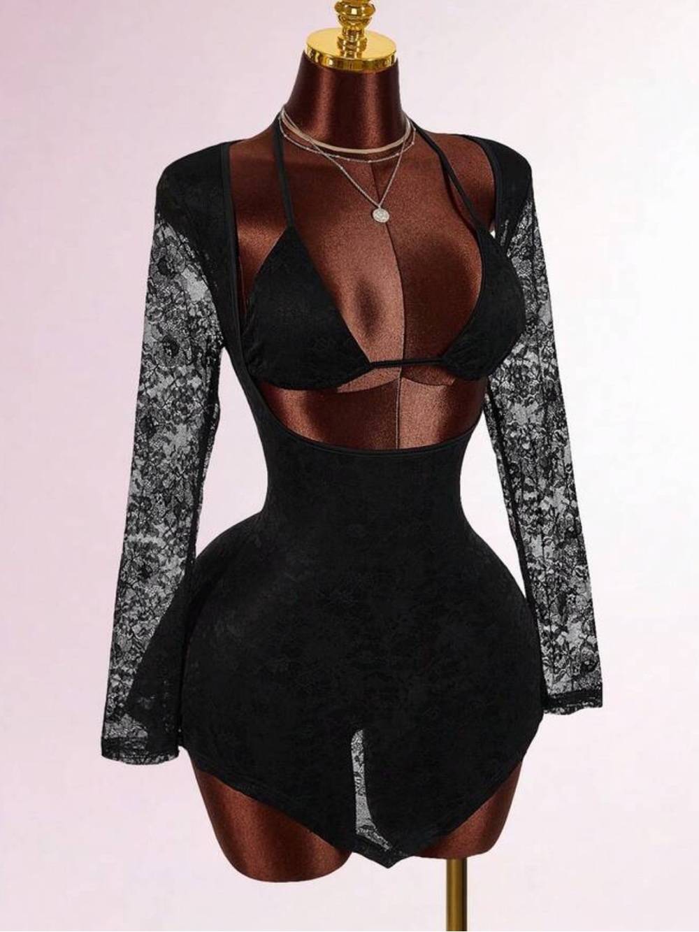 Black Lace Long-Sleeve Dress with bikini Top and Plunge Neck